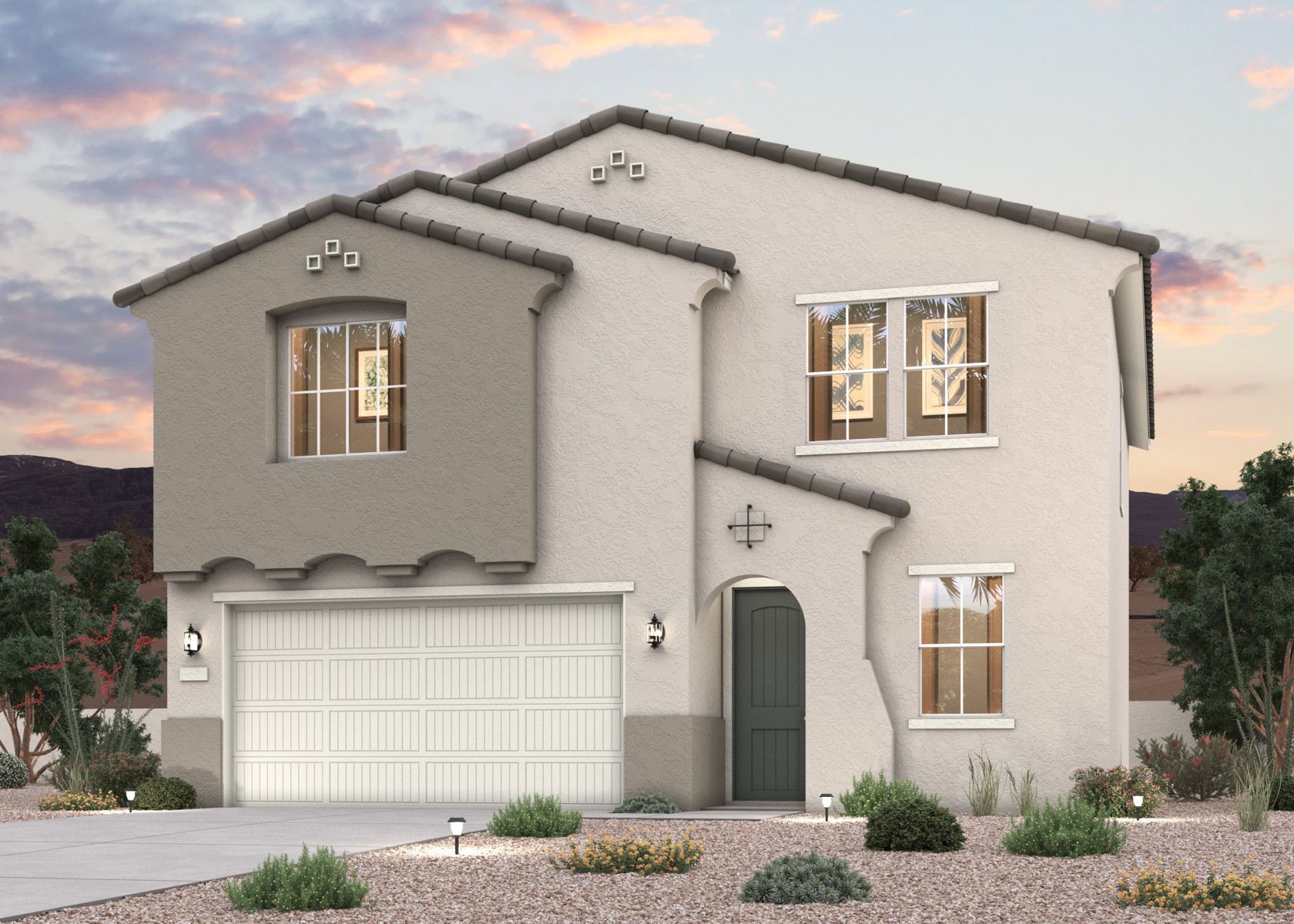 Twilight rendering of a new 2-story home for sale in Buckeye, AZ with 2 car garage at Montana Vista by Century Communities.