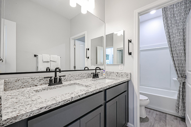 A bathroom with a marble countertop.