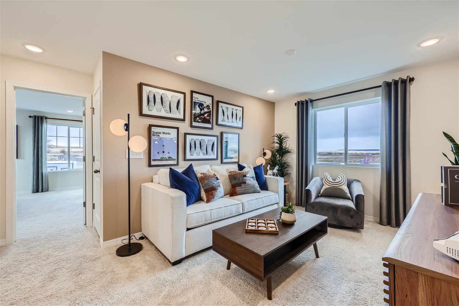 A living room with a couch and a coffee table.