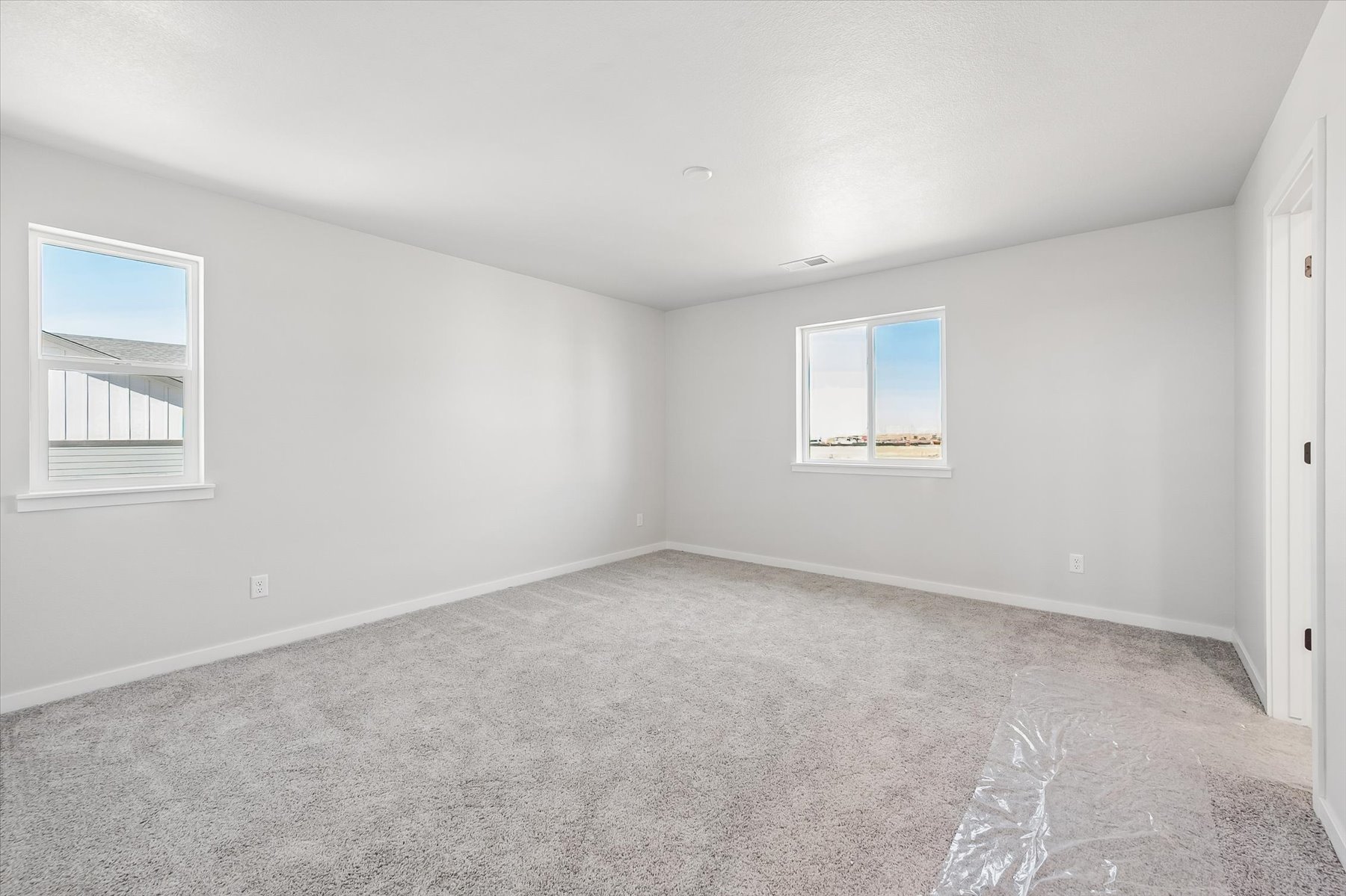 A room with a carpet and windows.