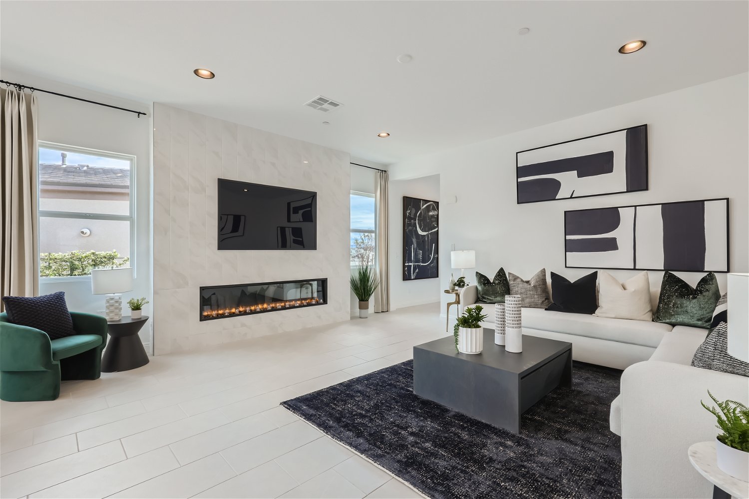 A living room with a fireplace.