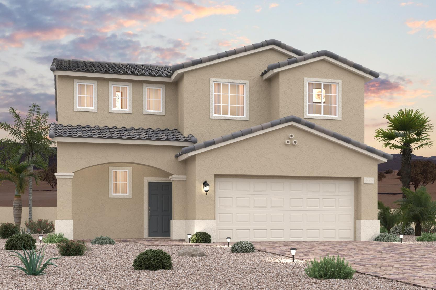 A house with a garage and palm trees.