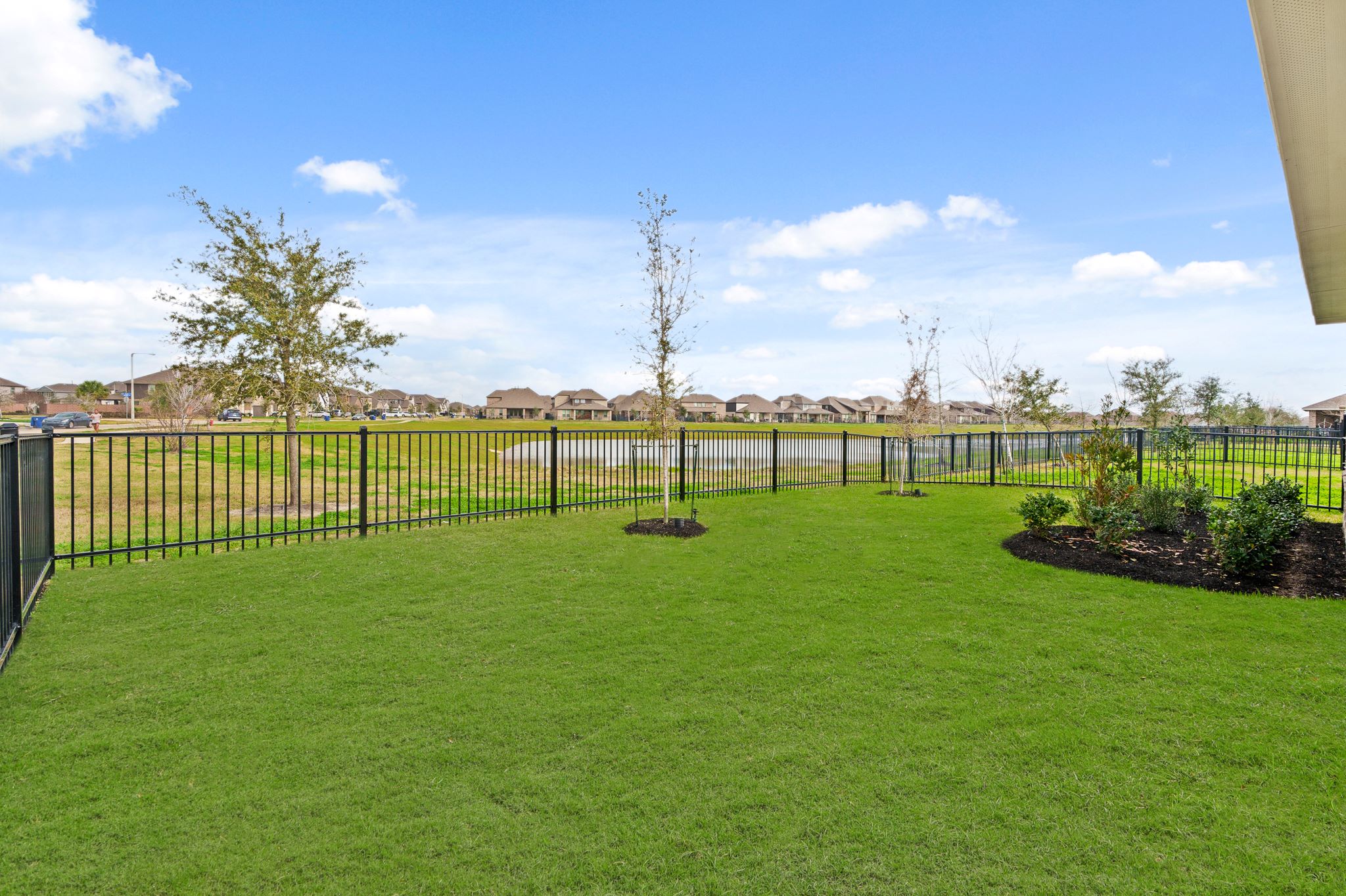 A green lawn with a fence and trees.