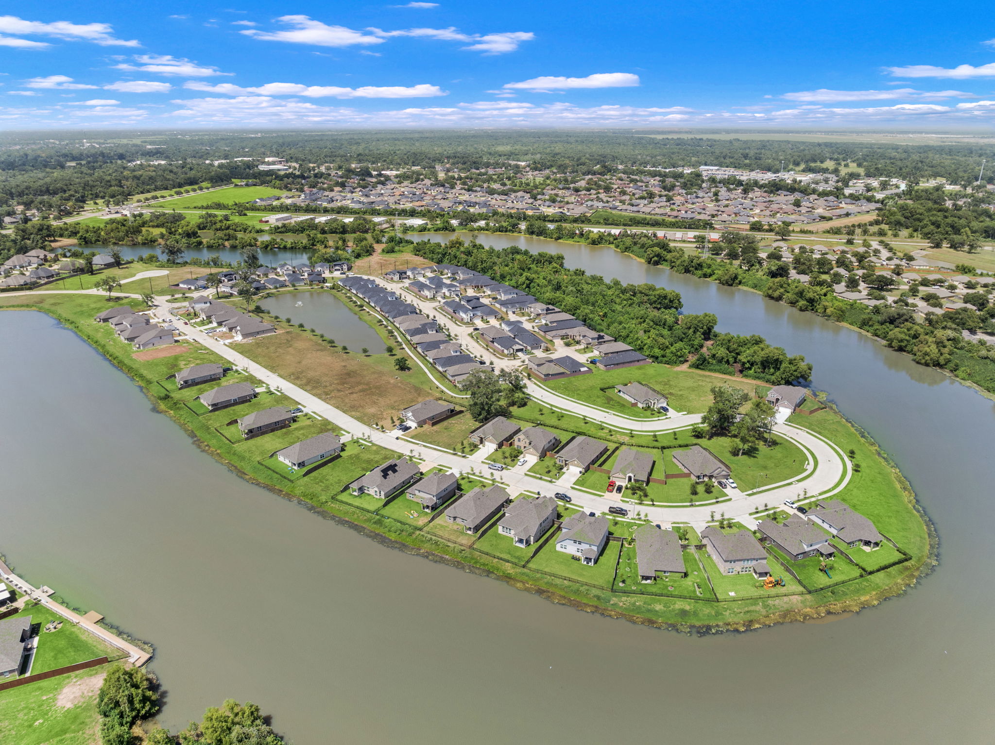 A river with a small town.