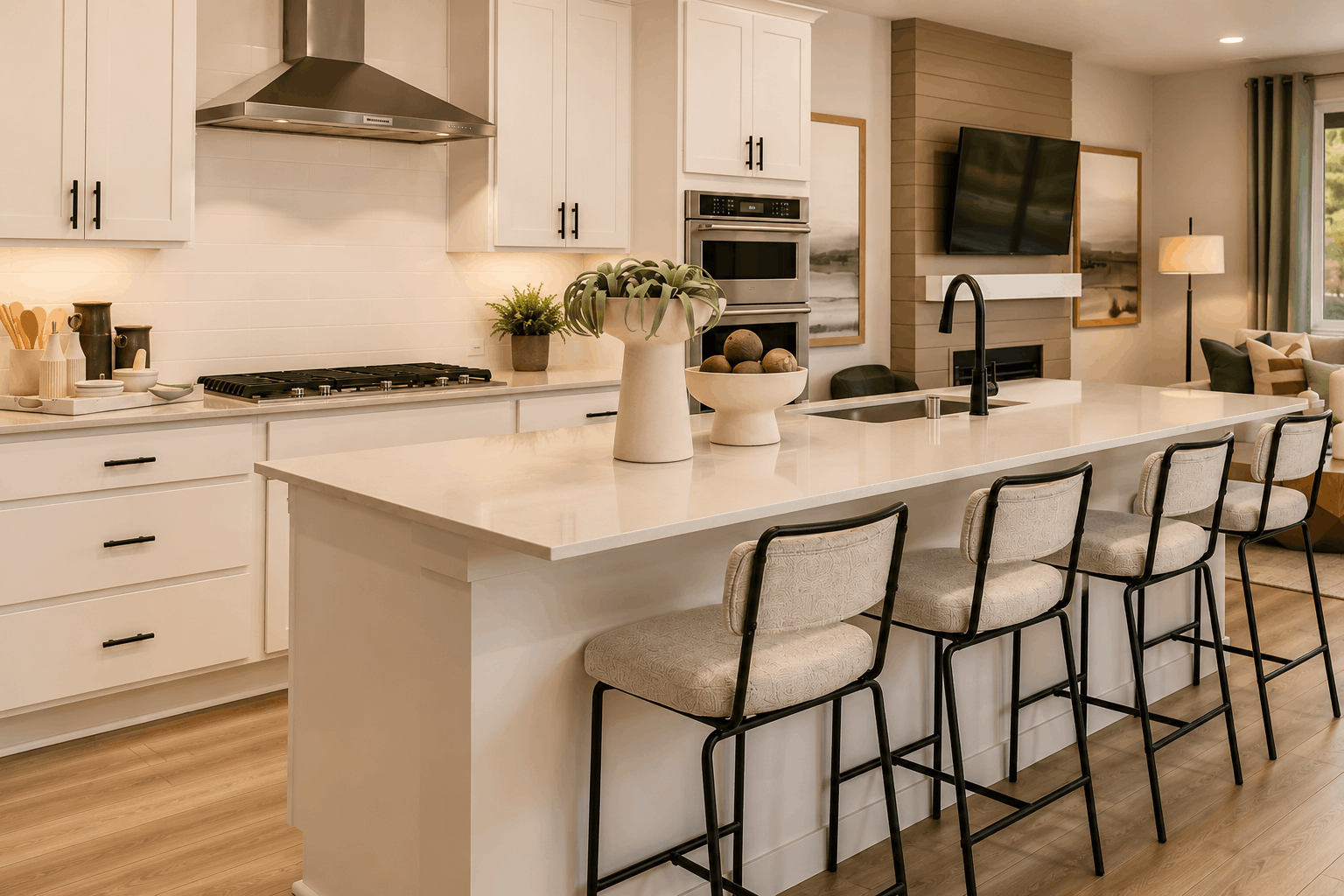 A kitchen with white cabinets.