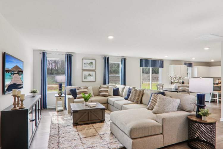 A living room with a couch and a coffee table.