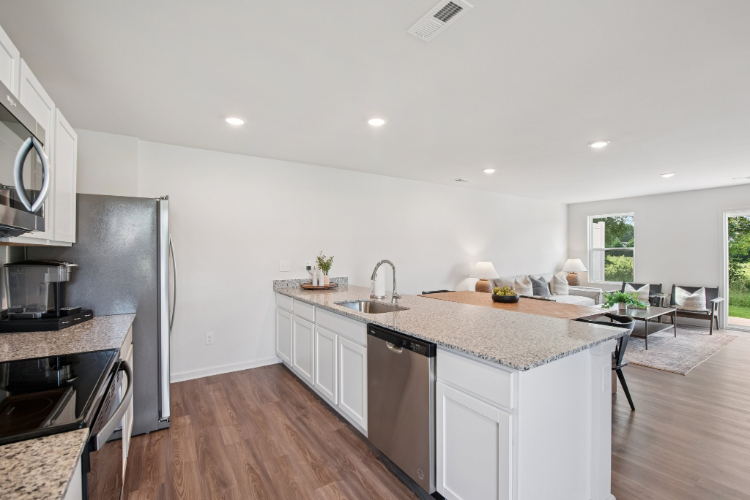 A kitchen with white cabinets.