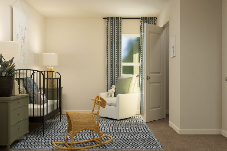 A room with a bed and chairs.