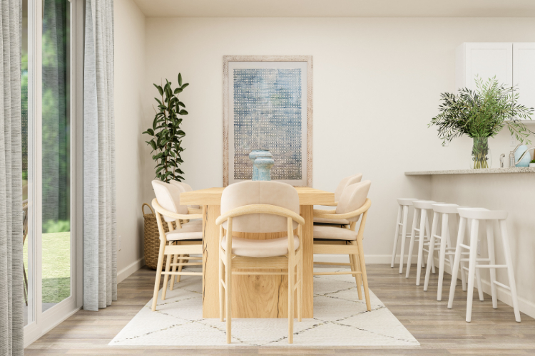 A dining room table with chairs.